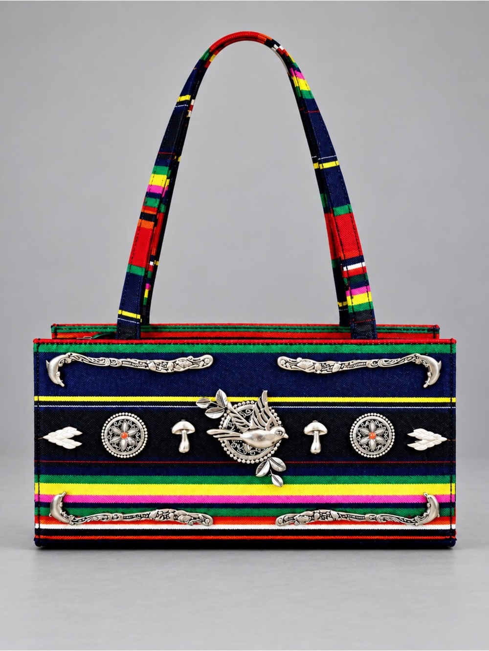One-of-a-Kind Embellished Striped Shoulder Bag, Silver Bird & Mushroom Statement
